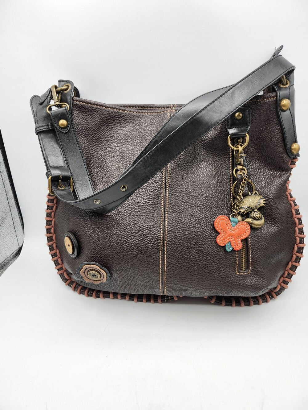 Chala Brown Shoulder Bag with Black Strap and Fox Orange Charm